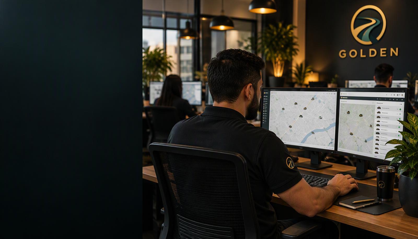 Analista da Golden acompanhando os veículos no mapa em dois monitores
