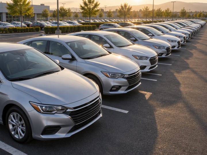 Fileira de carros de locadora prontos para retirada