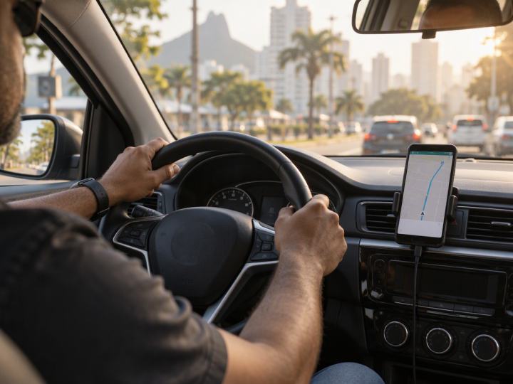 Motorista de aplicativo no carro com o celular no suporte